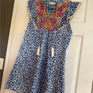 Blue Floral Embroidered Cotton Dress with Tassels